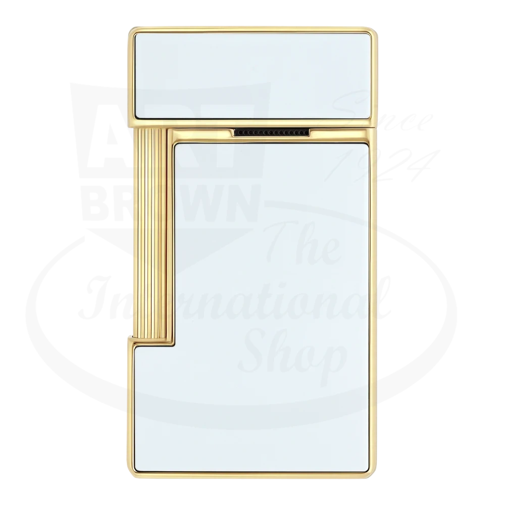 S.T. Dupont slimmy torch lighter with white lacquer and gold accents seen from the back