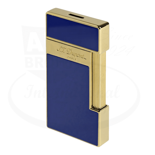 S.T. Dupont slimmy torch lighter with blue lacquer and gold finish seen from the side