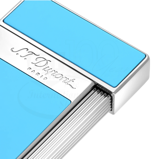 S.T. Dupont Slimmy Light Blue Lacquer & Chrome Lighter, 028007, slim rectangular body with light blue lacquer panels and chrome edges