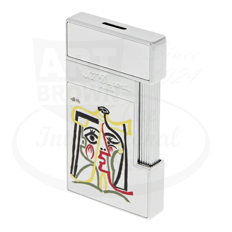 ST Dupont Slimmy Picasso 028201 white lacquer chrome lighter featuring artistic portrait design on sleek rectangular body with torch flame mechanism