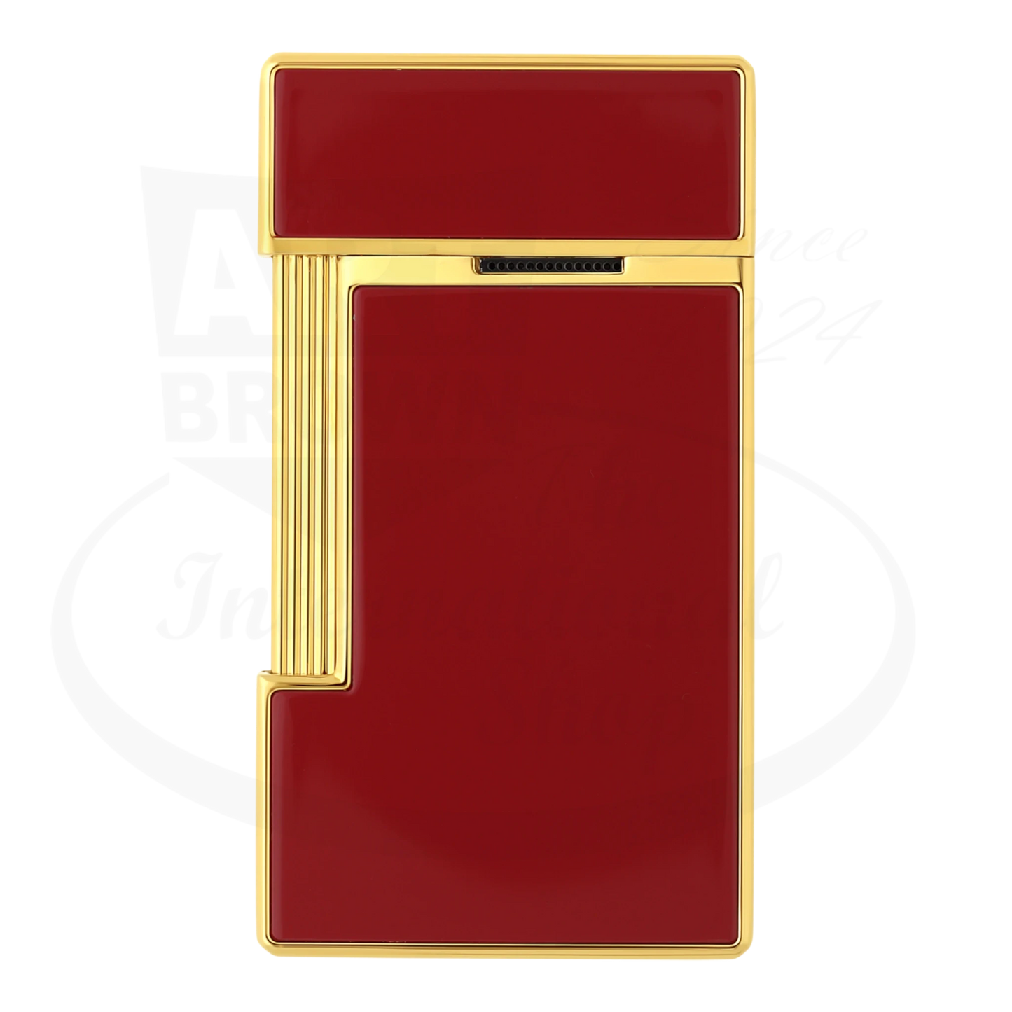S.T. Dupont slimmy lighter with red lacquer and gold finish, seen from the back.