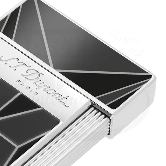 S.T. Dupont Slimmy Fire X 028070 black lacquer chrome lighter featuring geometric X pattern design and engraved brand name on metal body