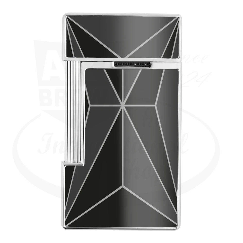 S.T. Dupont Slimmy Fire X 028070 Black lacquer and chrome lighter featuring geometric X pattern design with vertical lines and torch flame mechanism
