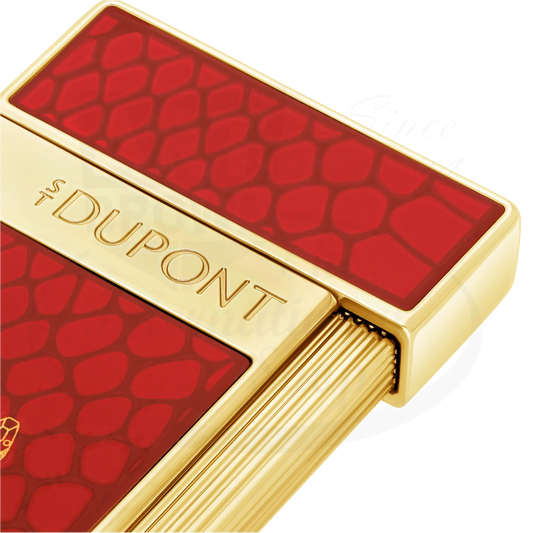 Close up of details on S.T. Dupont Slimmy lighter with snake scale red lacquer.