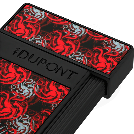 Close up of S.T. Dupont x Game of Thrones Slimmy torch lighter with red and white dragon motif.