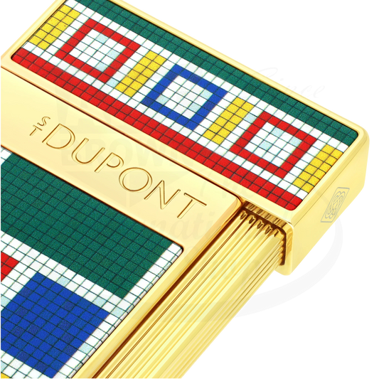 Closeup of S.T. Dupont x Casablanca gold slimmy torch lighter, showcasing S.T. Dupont branding and detail of multicolored mosaic motif.