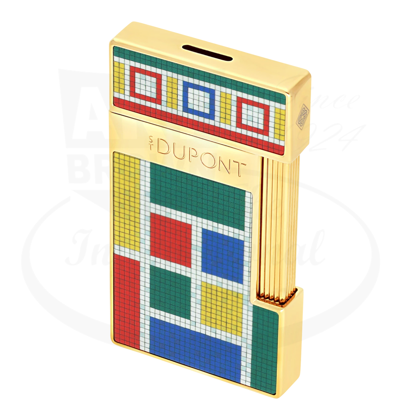 S.T. Dupont x Casablanca gold slimmy torch lighter, seen from anangle showcasing S.T. Dupont branding and multicolored mosaic motif.