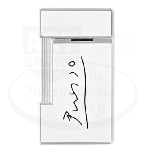 ST Dupont Slimmy 028201 Picasso White Lacquer Chrome lighter with signature artwork, featuring vertical lines and chrome accents on glossy white body
