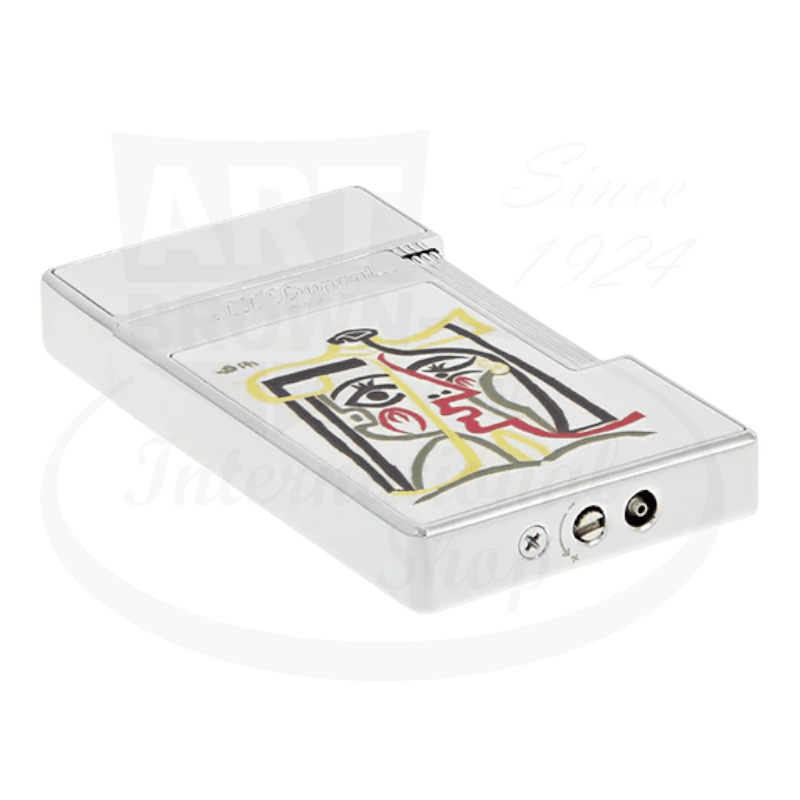 S.T. Dupont Slimmy 028201 white lacquer chrome lighter featuring Picasso artwork, rectangular design with artistic portrait detail