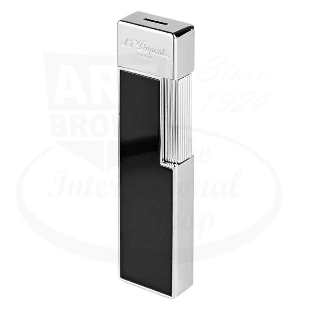 S.T. Dupont Twiggy 030001 metal lighter in chrome and black lacquer finish, featuring sleek rectangular design with vertical ridges and signature branding
