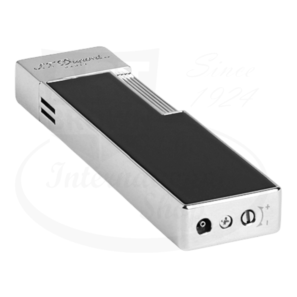S.T. Dupont Twiggy 030001 metal lighter in chrome and black lacquer finish, featuring sleek rectangular design with torch flame functionality