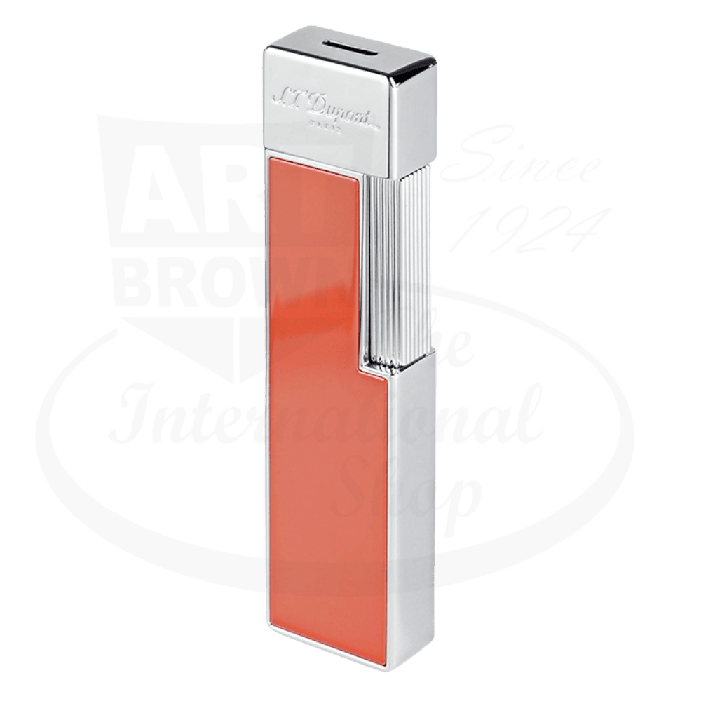 S.T. Dupont Twiggy 030011 lacquered coral and chrome metal lighter featuring sleek rectangular design with vertical ridged patterns and brand engraving