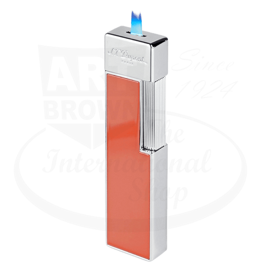 S.T. Dupont Twiggy 030011 lacquer-metal lighter in shiny coral and chrome finish with dual torch flame, sleek vertical design