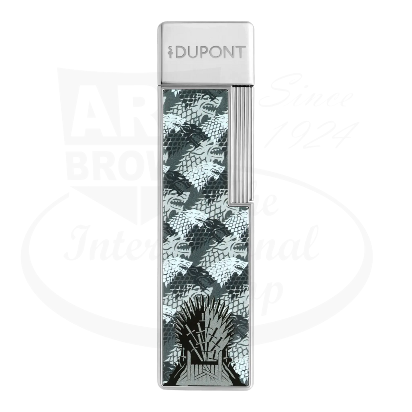 S.T. Dupont x Game of Thrones Twiggy torch lighter with grey and white wolf motif, iron throne, and silver finish, seen from the front.