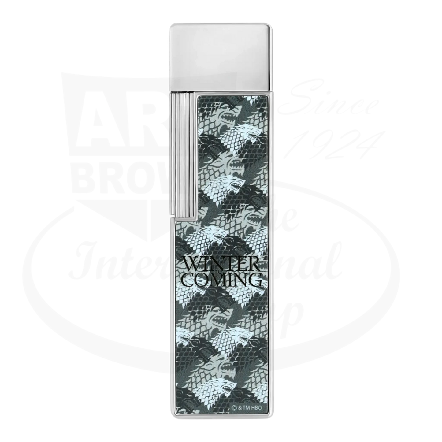 S.T. Dupont x Game of Thrones Twiggy torch lighter with grey and white wolf motif, iron throne, and silver finish, seen from the back.