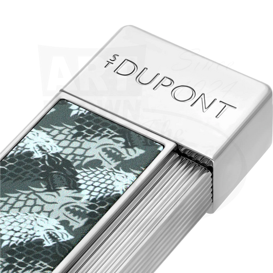 Close up of S.T. Dupont x Game of Thrones twiggy torch lighter with grey and white wolf motif.