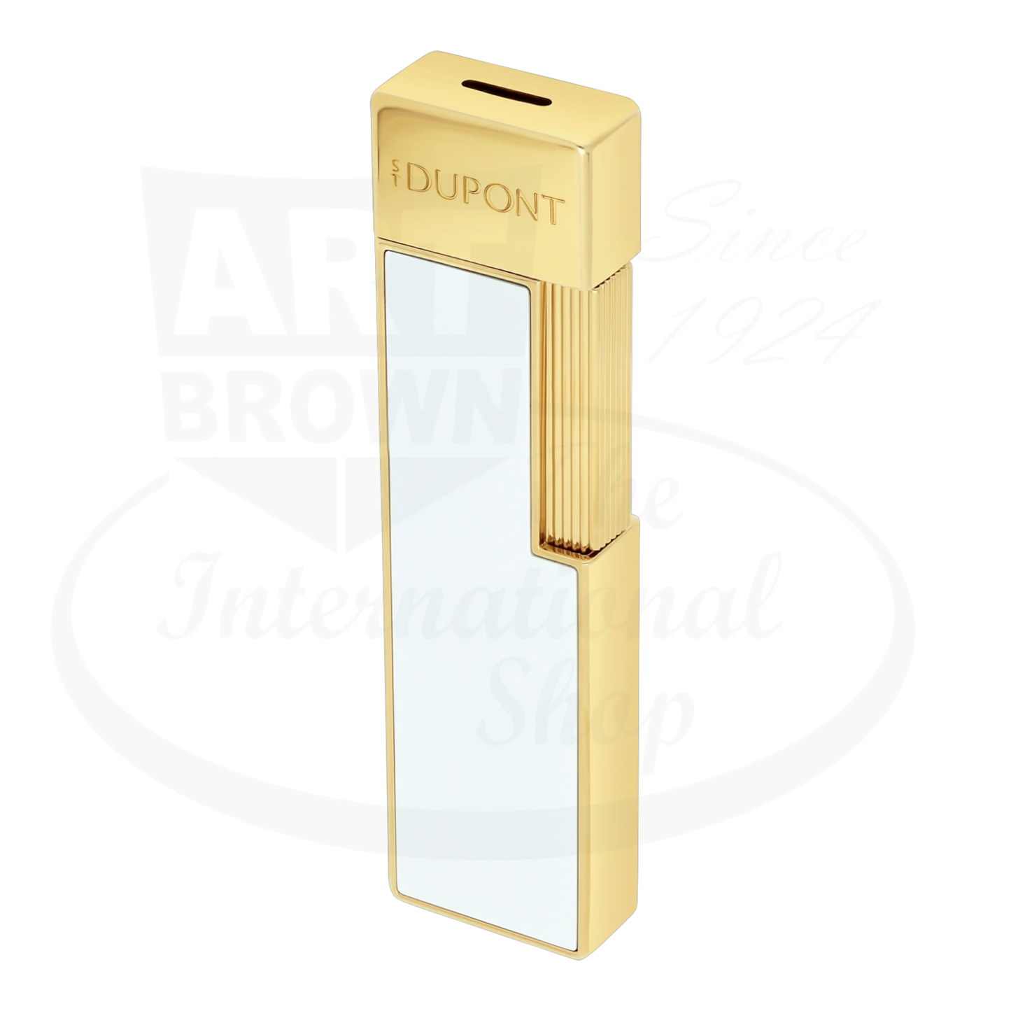 S.T. Dupont Twiggy 030031 metal lighter with white lacquer body and polished gold accents slim design 95x25x9.6mm