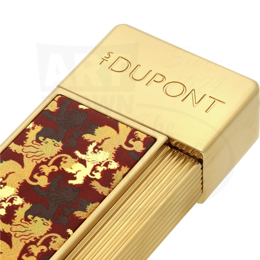 Close up of S.T. Dupont x Game of Thrones Twiggy torch lighter with red & gold lion motif.