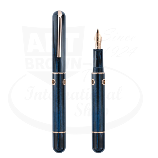Nahvalur Nautilus Maylandia Blue Medium Fountain Pen German ebonite deep blue with gold accents capped and uncapped view