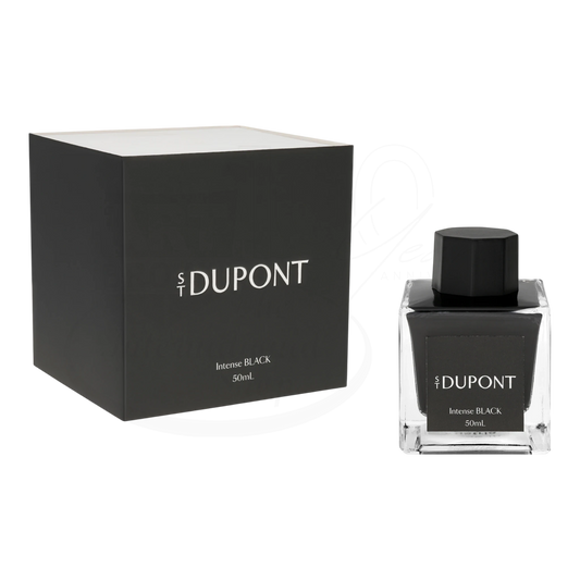 S.T. Dupont Bottled Ink - 50mL black ink in clear glass bottle with black cap and matching black box packaging