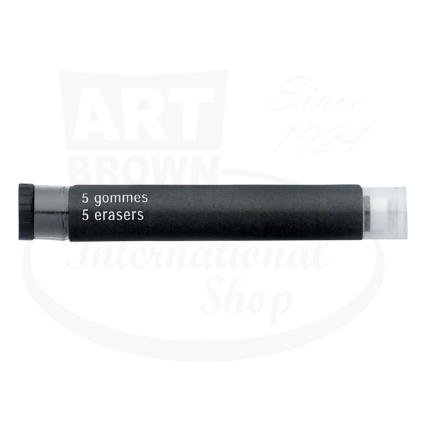 S.T. Dupont Olympio 040206 rubber pencil erasers, black plastic tube container with clear cap containing 5 replacement eraser refills