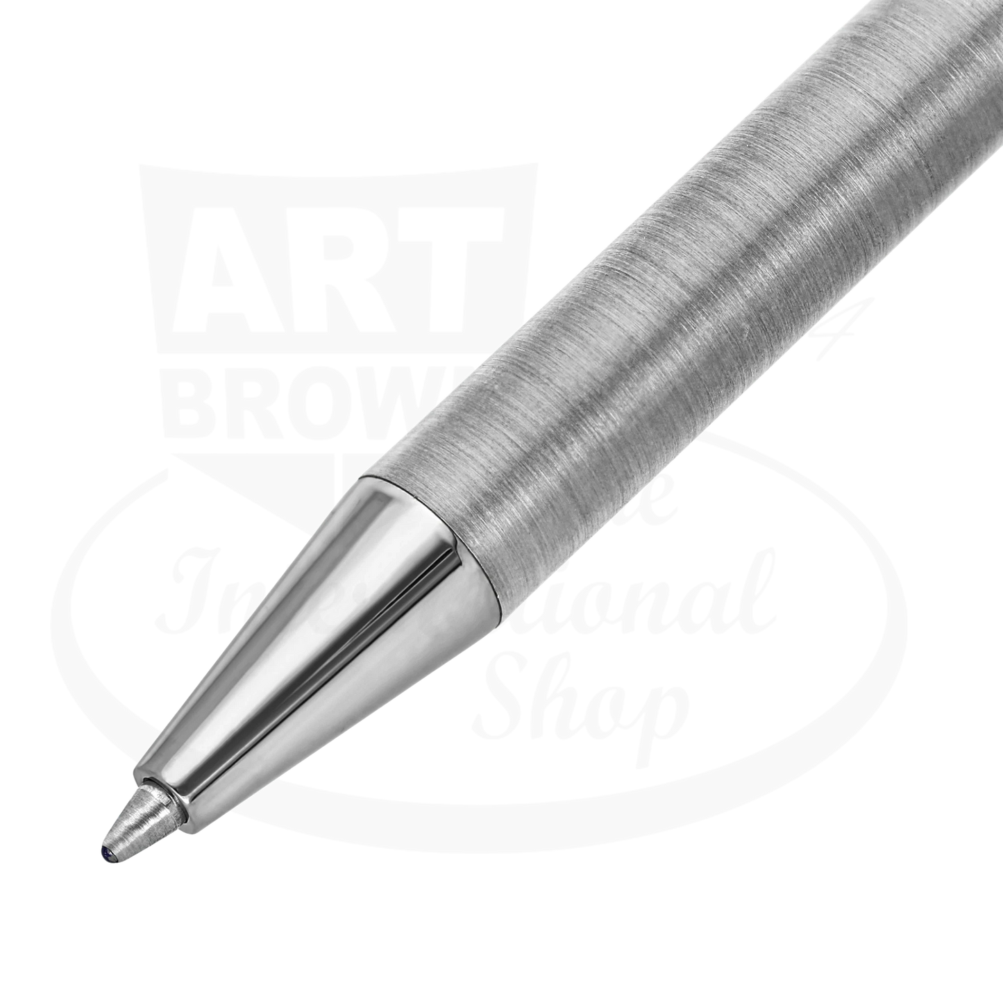 Close up view of brushed details on new S.T. Dupont Classique palladium ballpoint pen grip, with ballpoint tip exposed