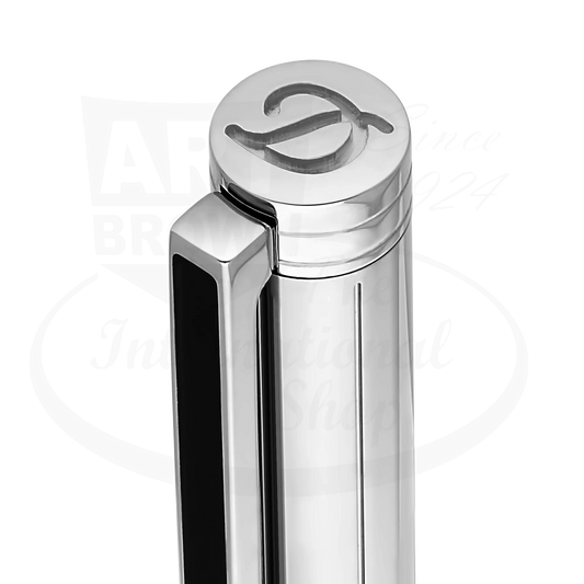 Close up of cap and branded logo on S.T. Dupont new classique ballpoint pen in brushed palladium, 045075N