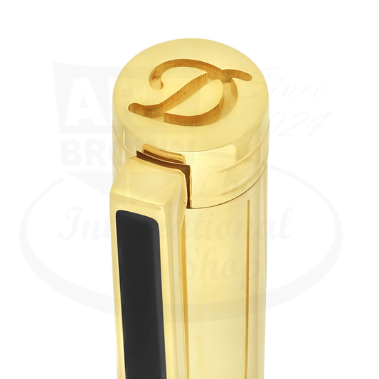 Close up of cap and branded logo on S.T. Dupont new classique ballpoint pen in gold with black lacquer, 045076N