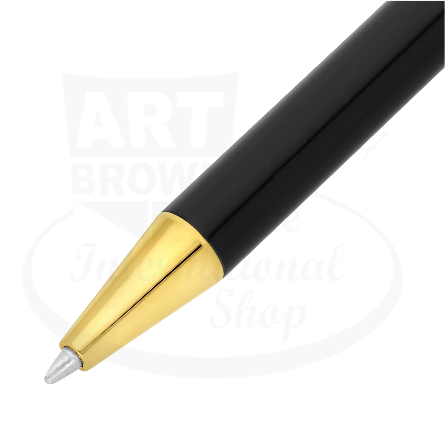 Close up view of luxurious black lacquer on new S.T. Dupont Classique black and gold ballpoint pen grip, with ballpoint tip exposed