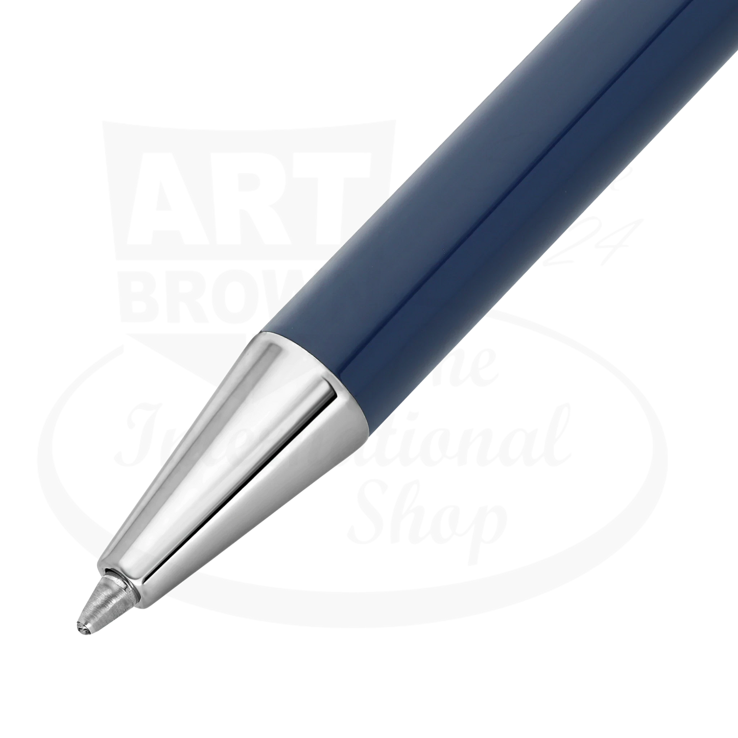 Close up view of luxurious blue lacquer on new S.T. Dupont Classique blue and palladium ballpoint pen grip, with ballpoint tip exposed