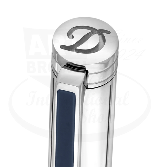 Close up of cap and branded logo on S.T. Dupont new classique ballpoint pen in palladium with navy blue lacquer, 045077N
