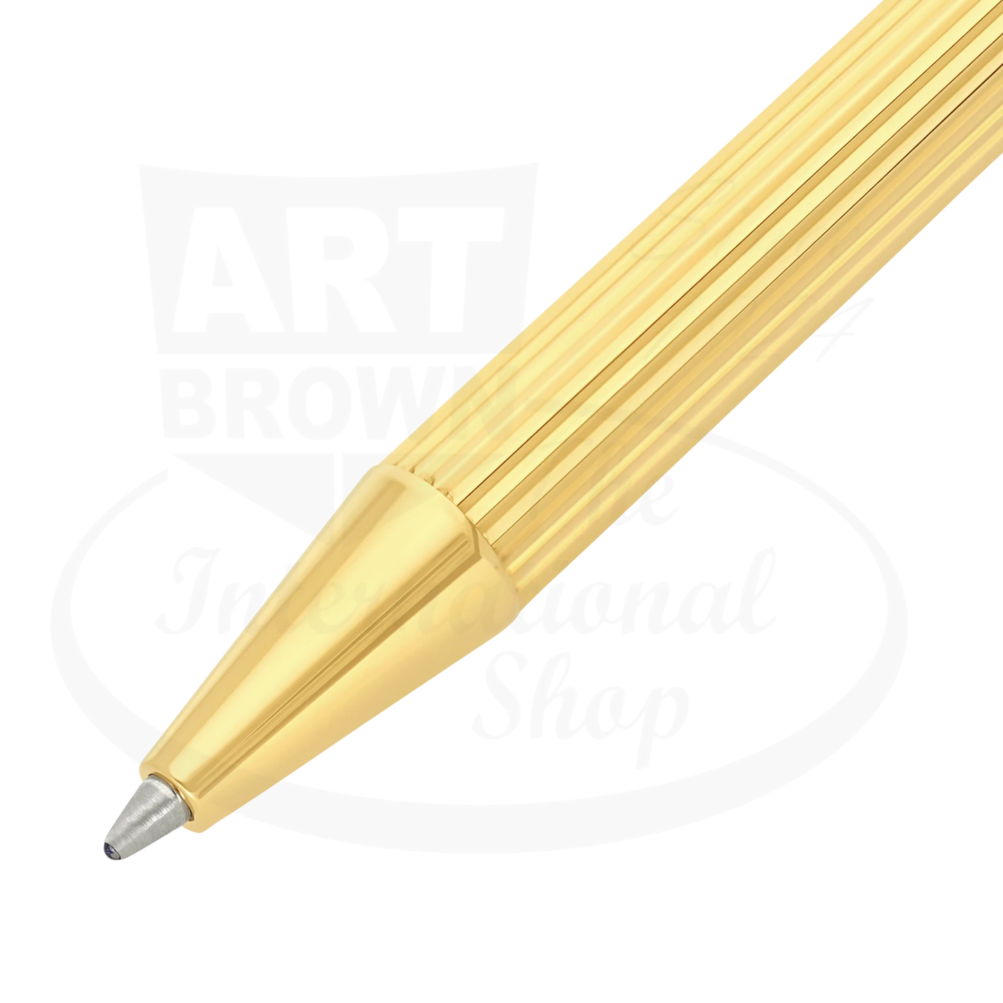 Close up view of luxurious fine lines pattern on new S.T. Dupont Classique red and gold ballpoint pen grip, with ballpoint tip exposed