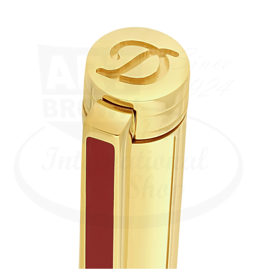 Close up of cap and branded logo on S.T. Dupont new classique ballpoint pen in gold with red blue lacquer, 045078N