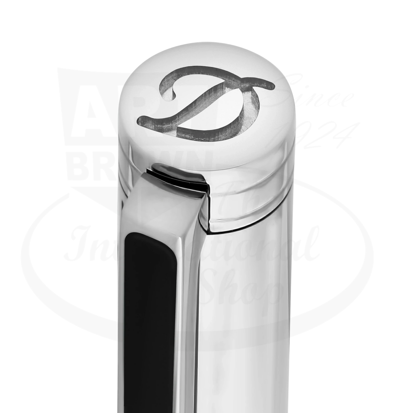 Close up of cap and branded logo on S.T. Dupont new classique ballpoint pen in palladium with black lacquer, 045079N