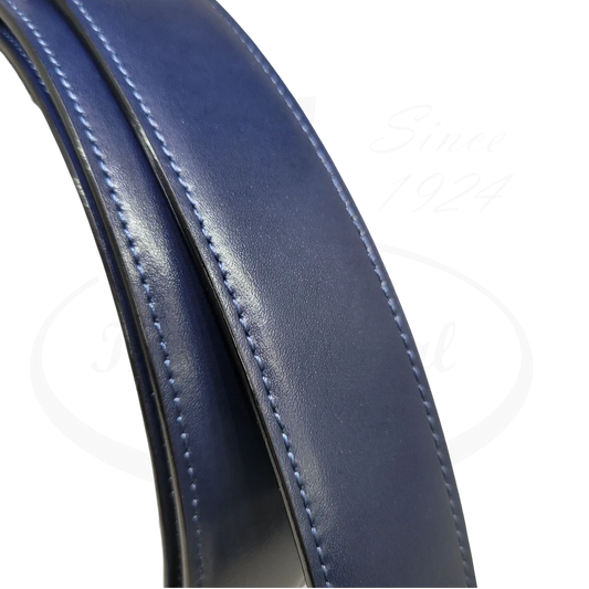 S.T. Dupont 051061 blue leather belt with palladium diamond head buckle, featuring smooth surface and contrast stitching details