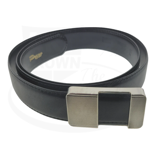 S.T. Dupont 051063 black leather belt with palladium-plated diamond head buckle, showcasing guilloché pattern and sleek rectangular design
