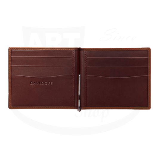 Davidoff Credit Card Holder with Money Clip 10235 tan leather wallet with chestnut interior and card slots