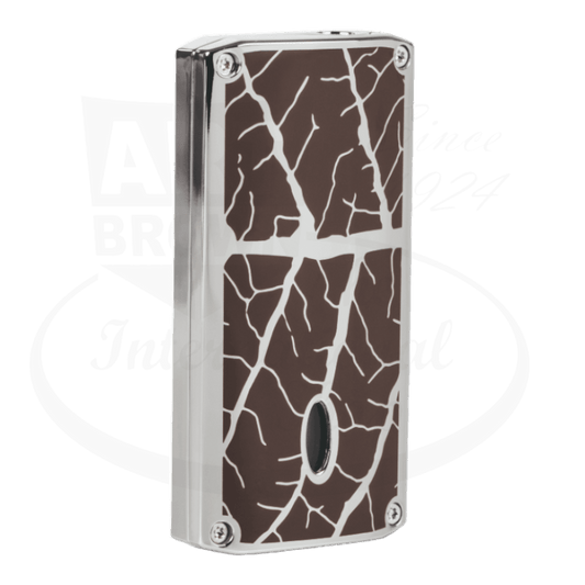 Zino Graphic Brown Tobacco Leaf Torch Lighter featuring silver-chrome frame, brown crackle pattern design, single jet flame port, compact rectangular shape, metal construction