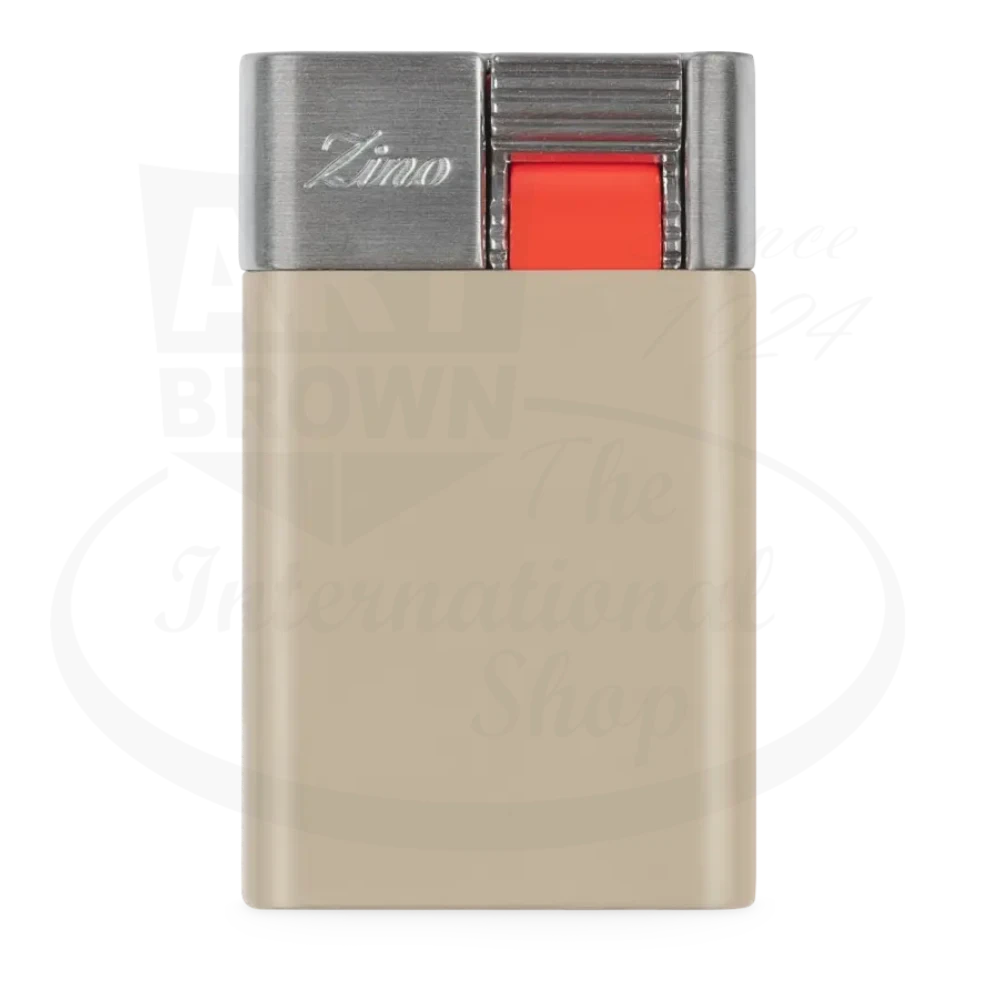 Zino ZS Jet Flame Lighter Tan with metal top, tan body, red ignition button, compact sleek design, 2.28 in height
