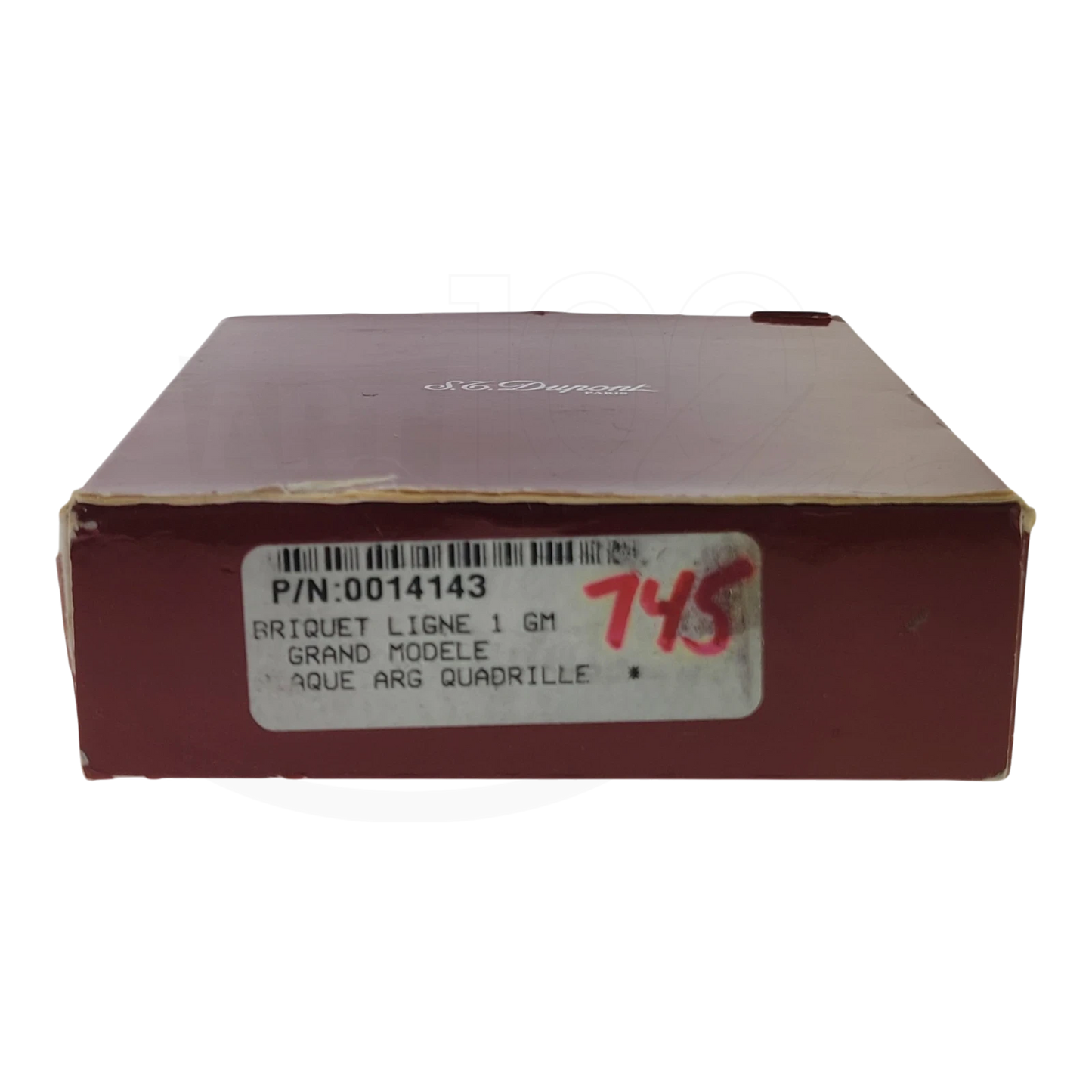 Original box and barcode for Preowned S.T. Dupont line 1 lighter with silver square grid guilloche, reference 014143.