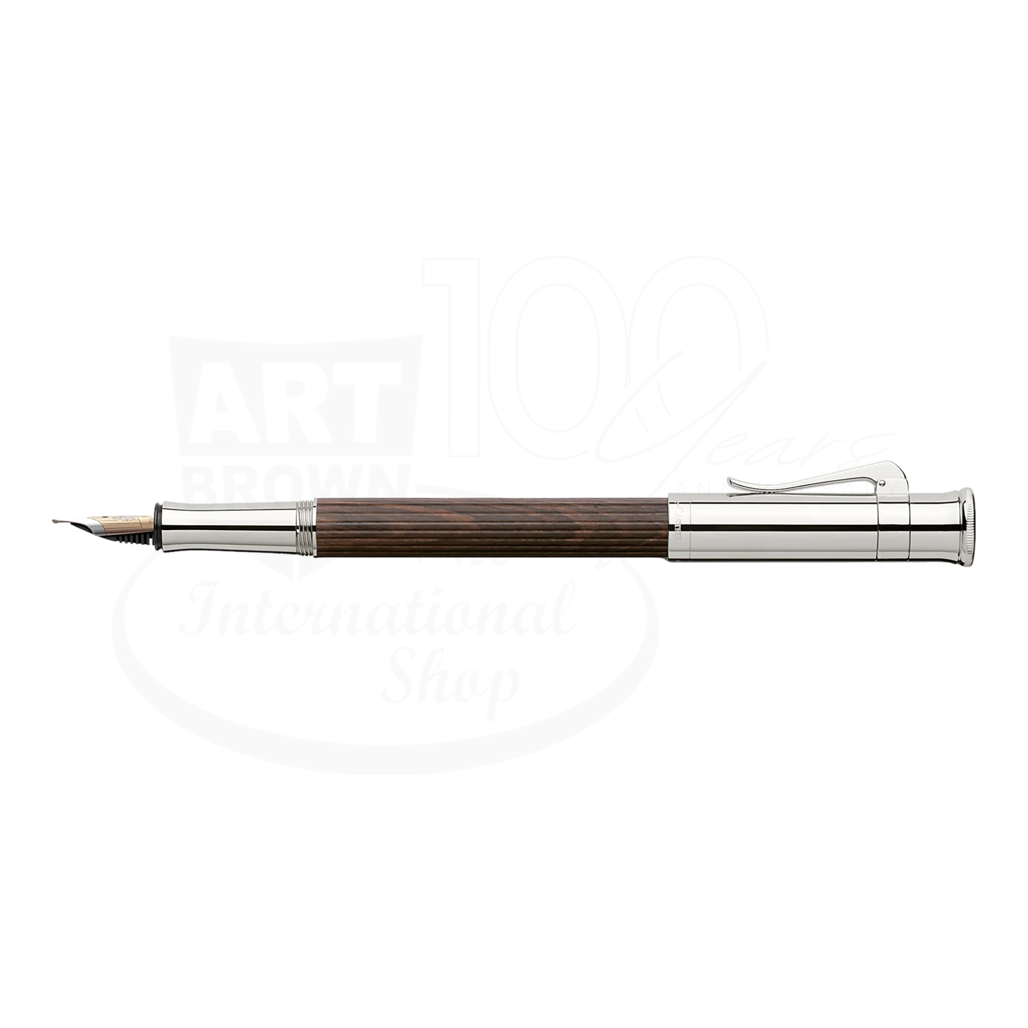 Luxury fountain pen with polished silver accents and dark wooden barrel, elegant executive writing instrument.