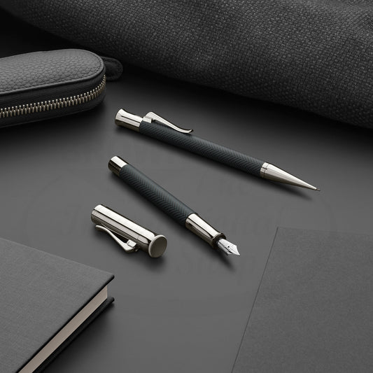 Graf von Faber-Castell Guilloche Anthracite Fountain Pen matte resin with silver trim and herringbone guilloché pattern