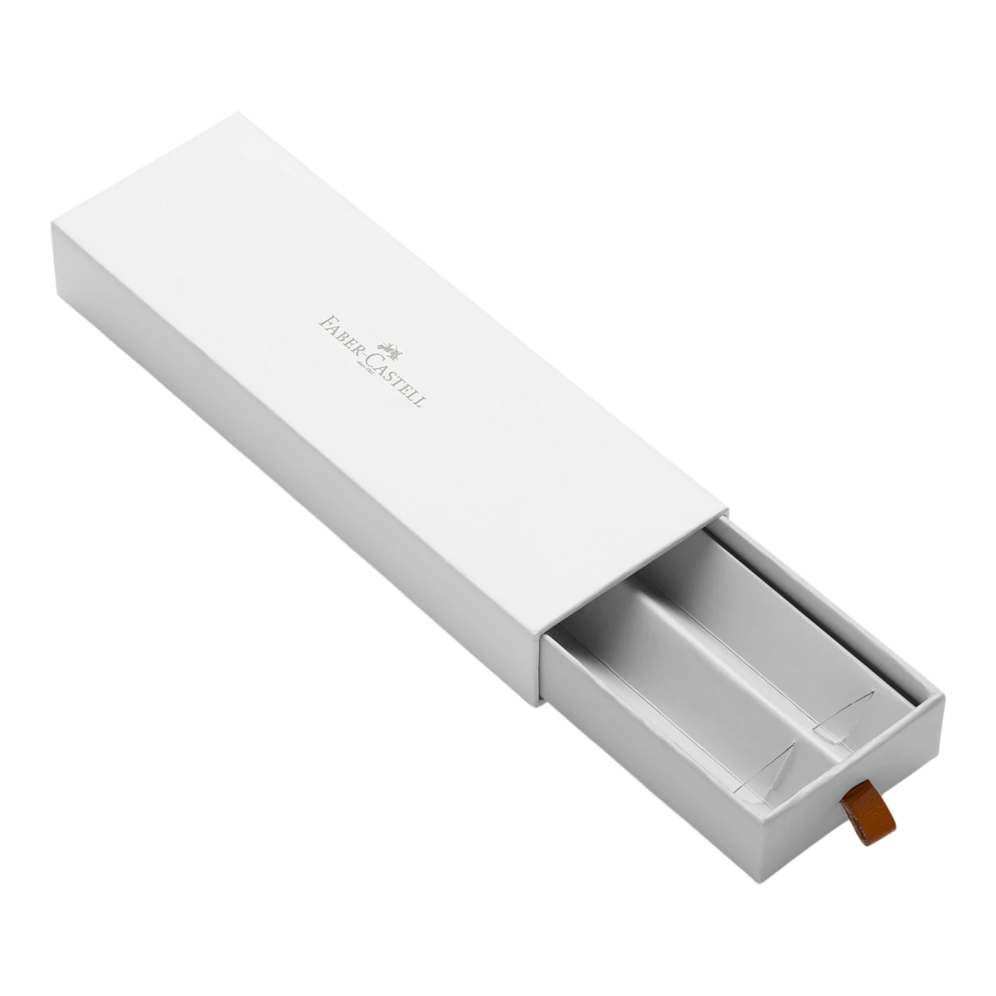 Elegant white luxury pen box with sliding drawer and brown pull tab, branded with Faber-Castell logo on top