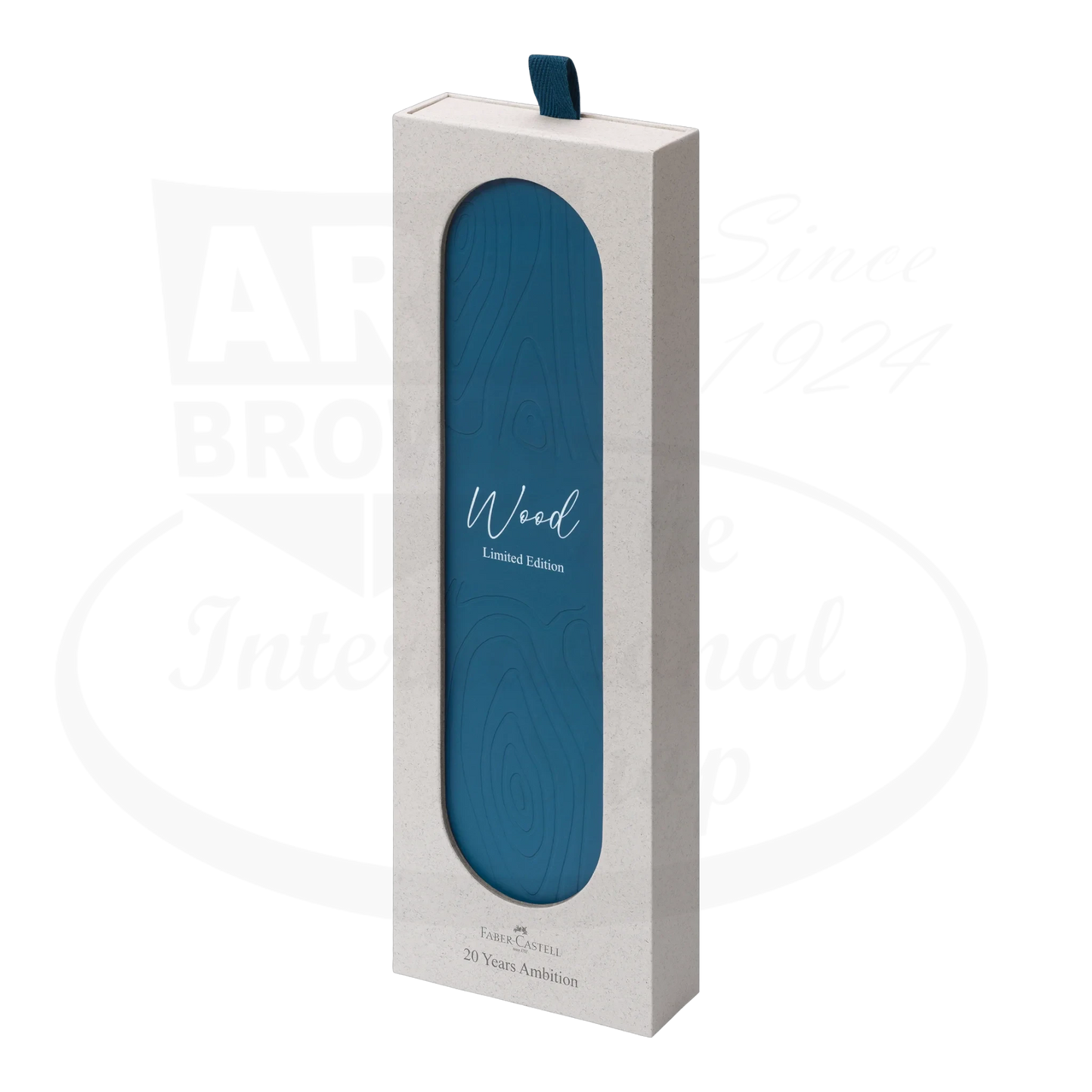 Faber-Castell Ambition Blue Wood Fountain Pen box with beige paper packaging and blue wood grain design window panel