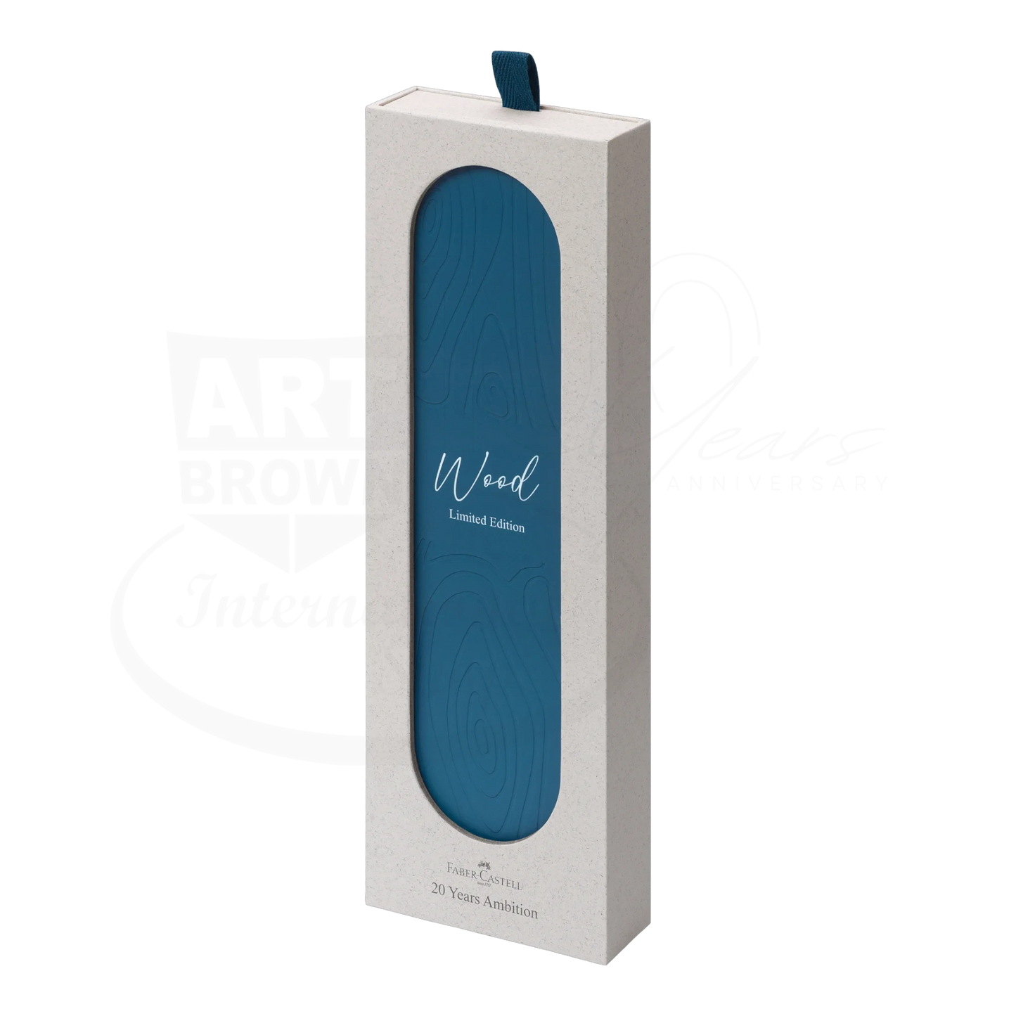 Faber-Castell Limited Edition Ambition Blue Wood Fountain Pen in eco-friendly cream packaging with blue wood grain design