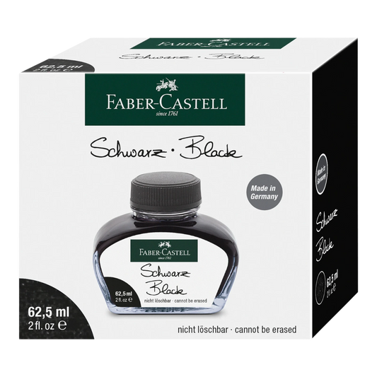 Bottle of black ink by Faber-Castell with 62.5mL capacity in a branded box, made in Germany, non-erasable ink.