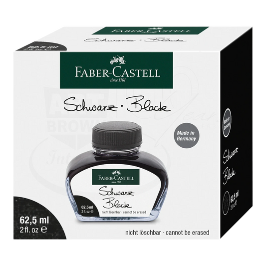 Bottle of black ink by Faber-Castell with 62.5mL capacity in a branded box, made in Germany, non-erasable ink.