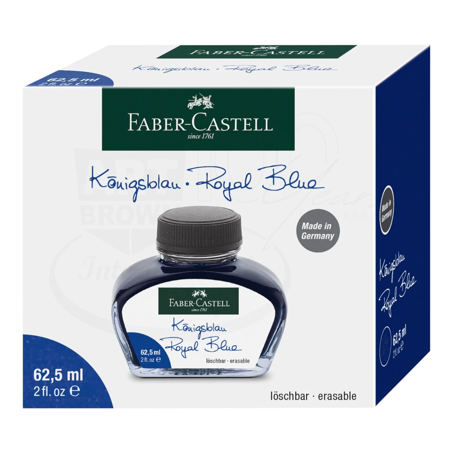 Bottle of royal blue ink with a black cap, packaged in a white and blue box from Faber-Castell