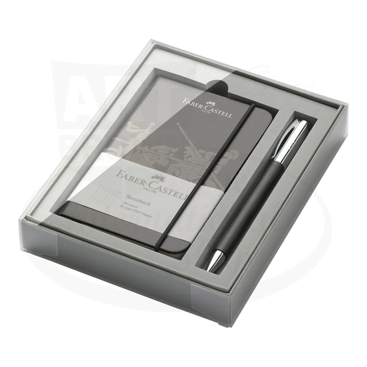 Faber-Castell Ambition Black Resin ballpoint pen and black notebook gift set with chrome trim in clear box