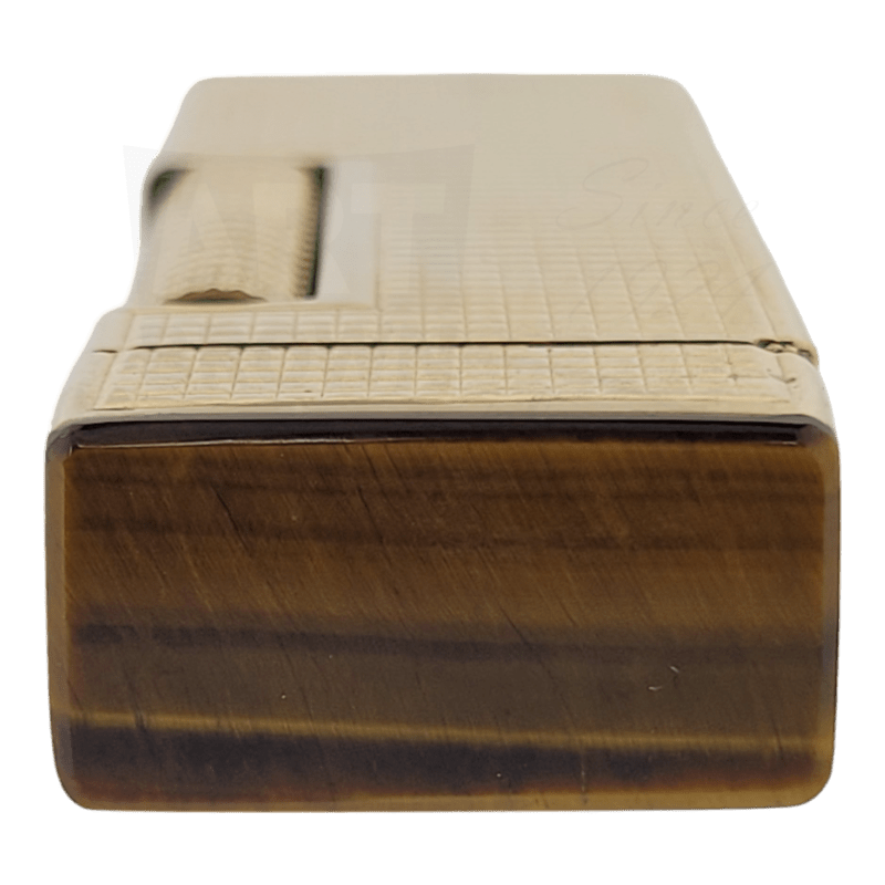 Dunhill Rollagas 14K gold vintage lighter with distinctive hobnail guilloche pattern, rectangular shape, brown base, preowned condition